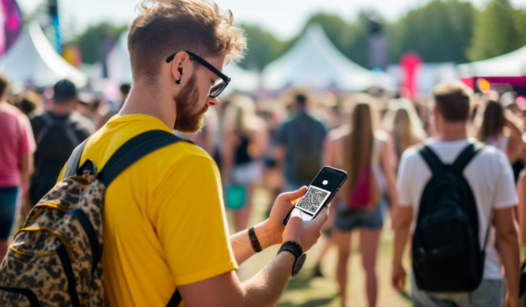 Staff scanning QR code ticket at concert entrance