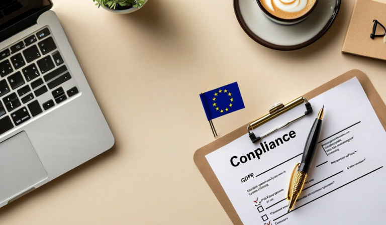 GDPR compliance documents on desk next to laptop