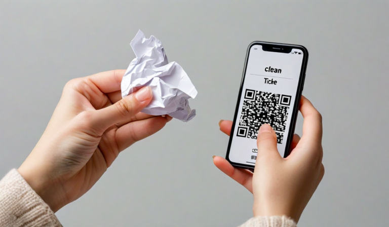 Digital ticket on smartphone vs paper ticket side by side
