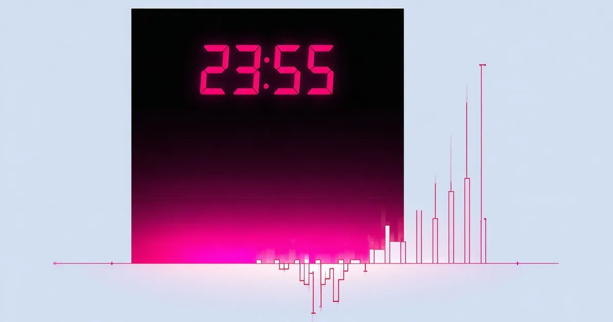 Digital clock showing 23:55 with abstract ticket sales spike visualization